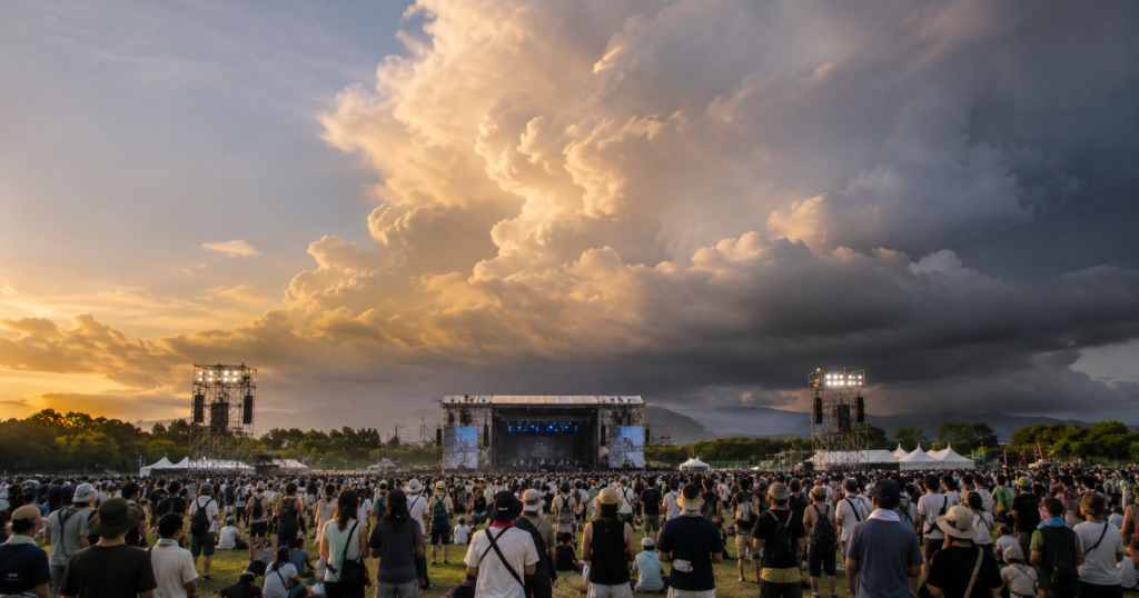 夏フェス会場に発達する入道雲——雷で公演中止になる前兆