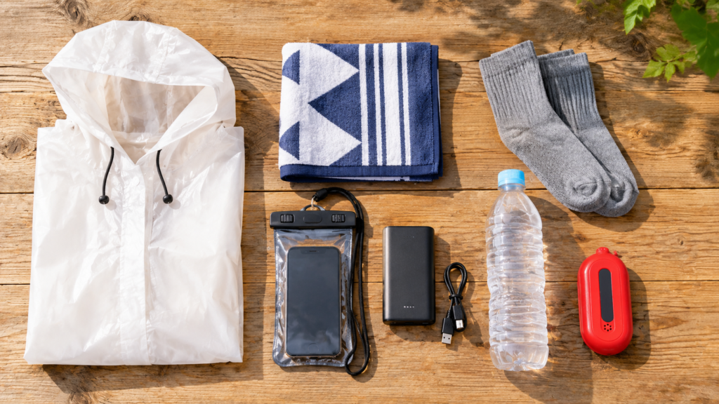 夏フェスの雷対策持ち物——レインポンチョ・モバイルバッテリー・携帯型雷検知器