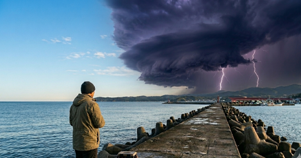 海の堤防釣りと迫りくる黒い雷雲のイメージ画像