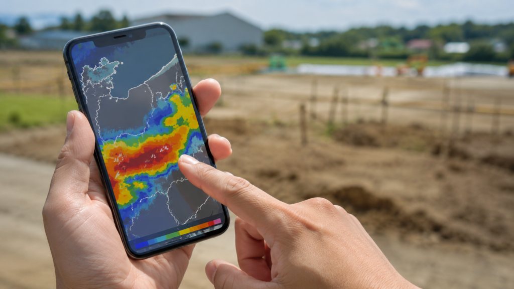 屋外でスマートフォンの気象庁雷ナウキャストを確認する人物の手元