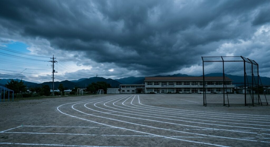 黒い雲が広がる空の下、誰もいない学校のグラウンドの遠景