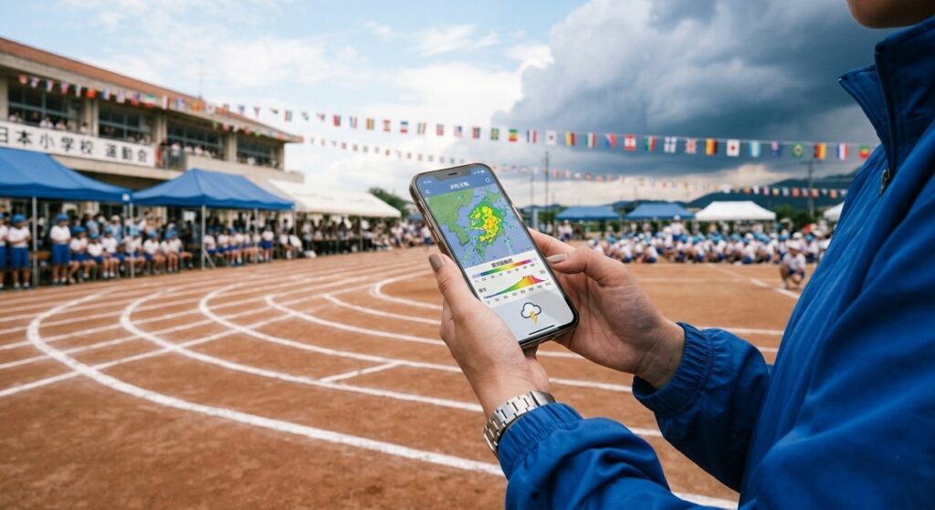 校庭で教員がスマートフォンの雷情報を確認している手元