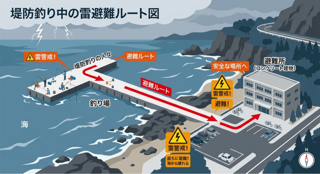 堤防釣り中の雷避難ルートを示したイメージ図