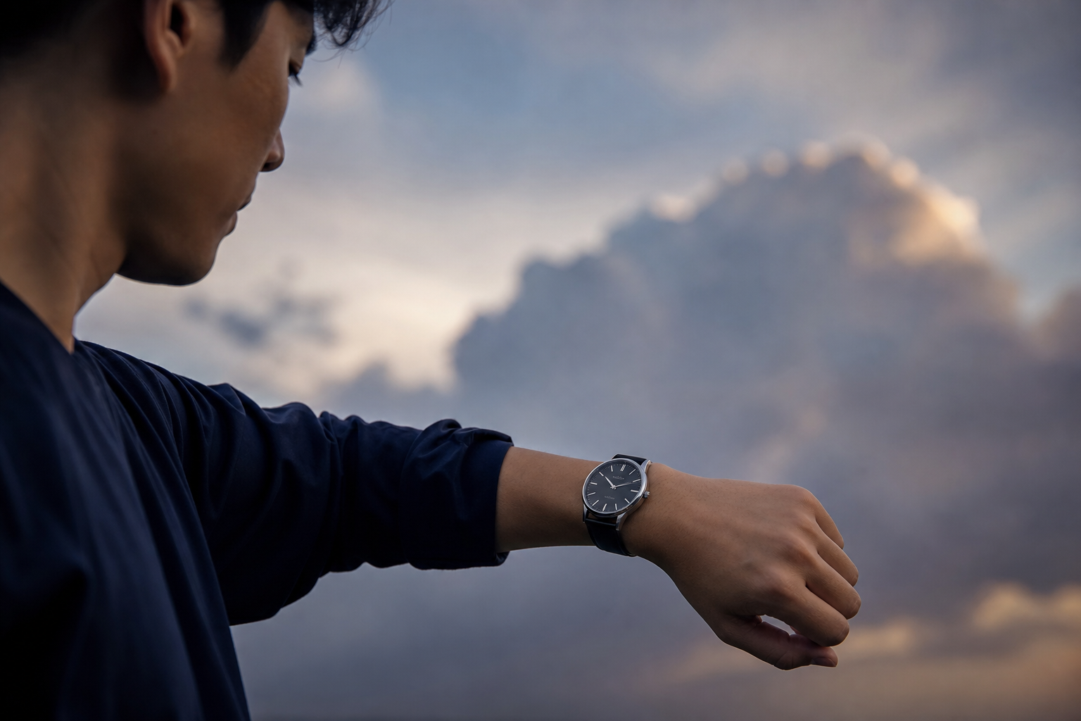 腕時計で時間を確認する日本人男性と背景の入道雲