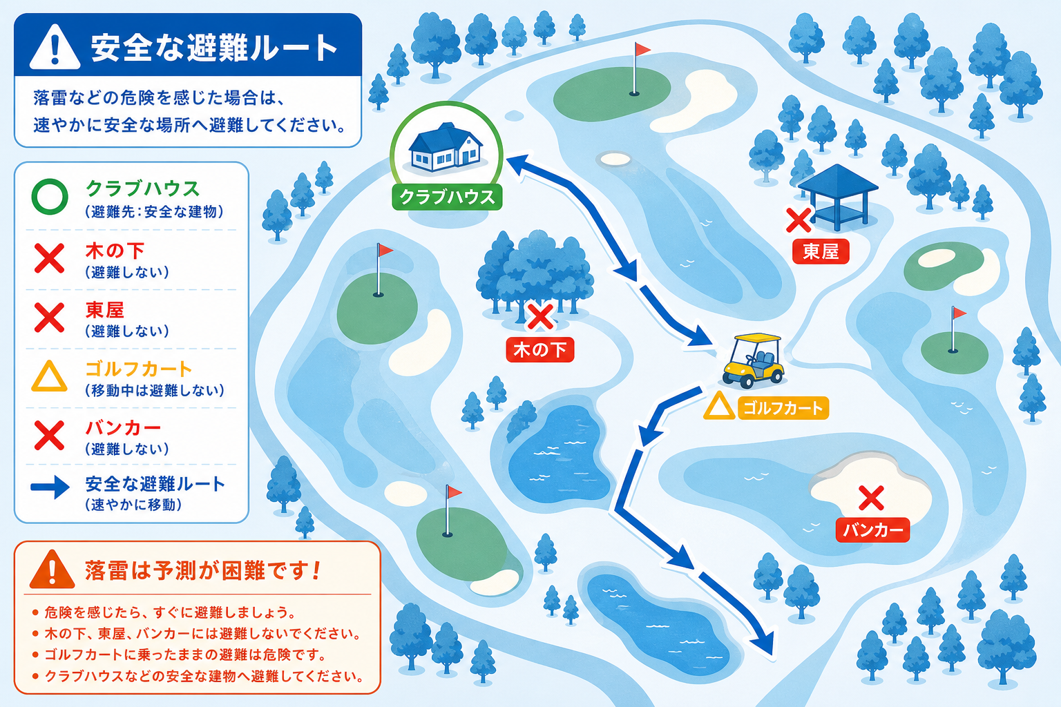 ゴルフコースの俯瞰図。クラブハウス（安全）・木の下（危険）・東屋（危険）をアイコンで示したインフォグラフィック