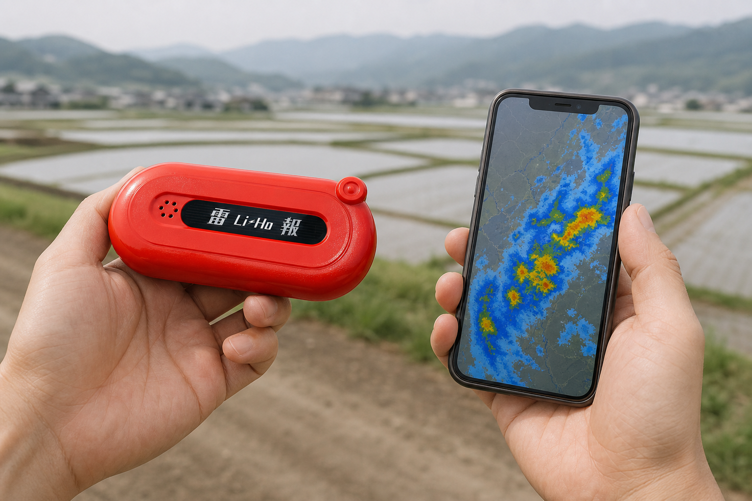 左手に雷検知器「雷報」、右手にスマートフォンの雷活動度マップを持つ手元