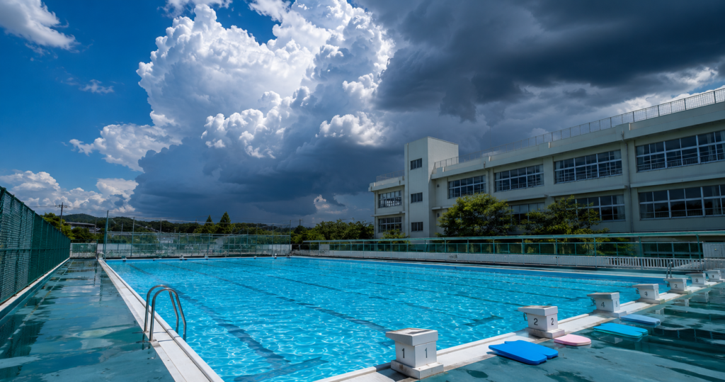 夏の学校プールを背景に、発達した積乱雲が迫る様子を写した写真。青く澄んだプールと校舎の上空に黒い雷雲が広がり、プール活動中に注意すべき天候の急変と落雷リスクを表現している。
