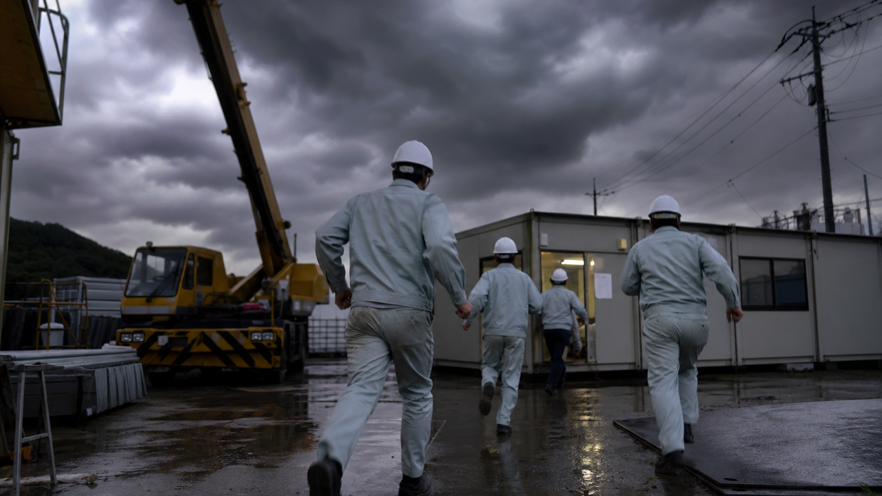 雷接近時にプレハブの現場事務所へ避難する建設作業員たち