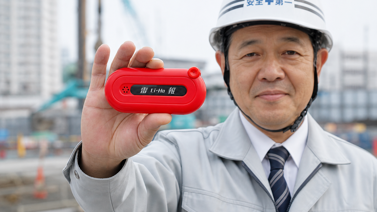 建設現場で携帯型雷検知器「雷報」を手に持つ作業員｜最大60km先の雷を検知