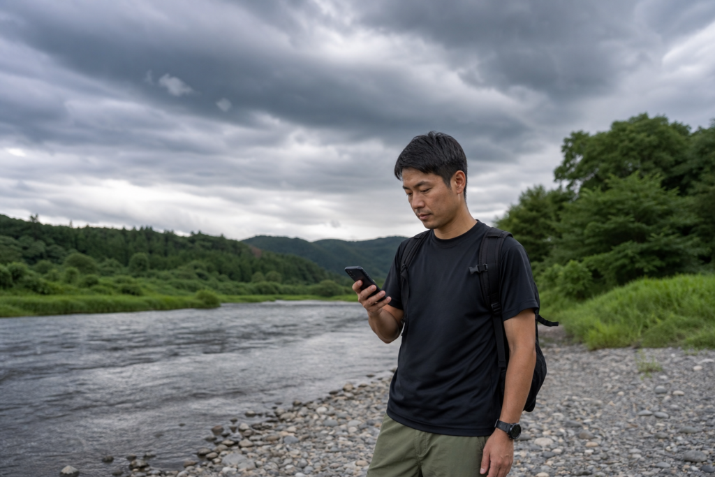出発前にスマホで雷注意報と雷ナウキャストを確認する様子