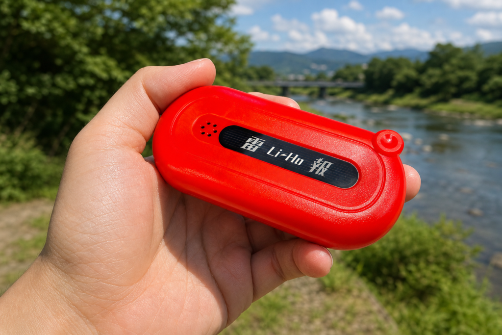手のひらサイズの携帯型雷検知器「雷報」を屋外で持つ手元