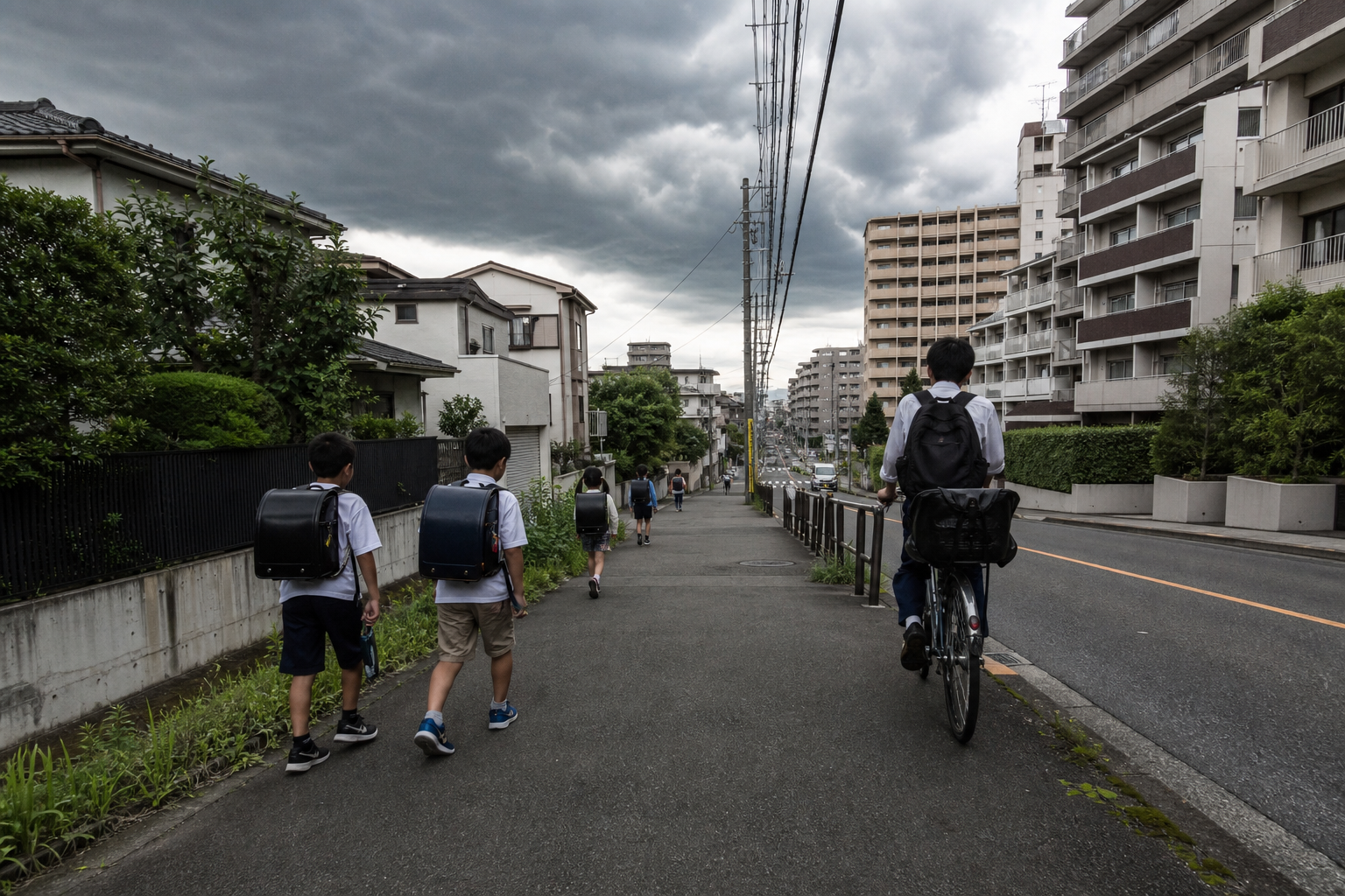 都市部の住宅街の通学路で遠くの黒い雲を気にしながら歩く小学生と自転車の中学生