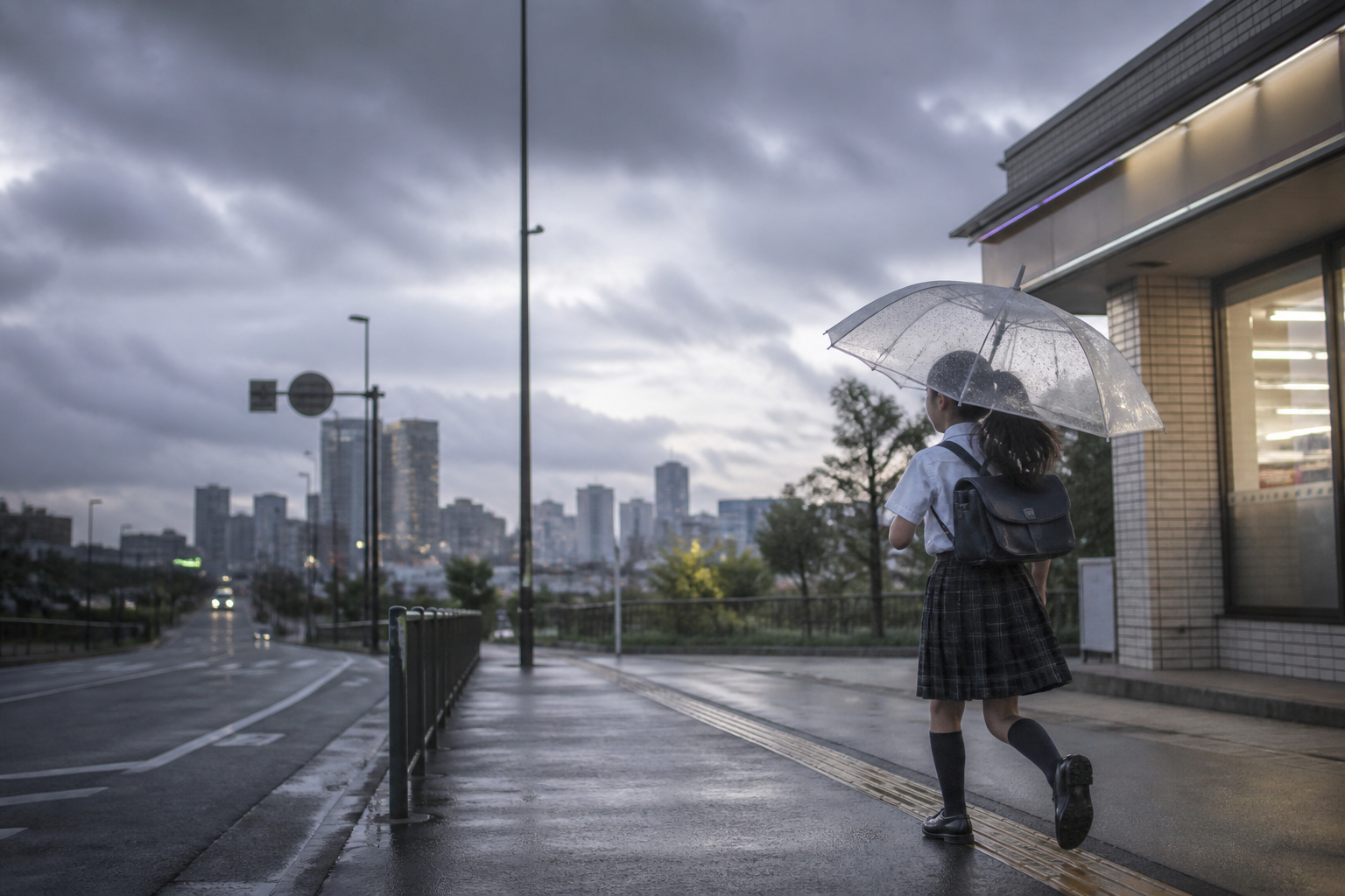 傘をさして急ぐ通学中の児童、都市の歩道