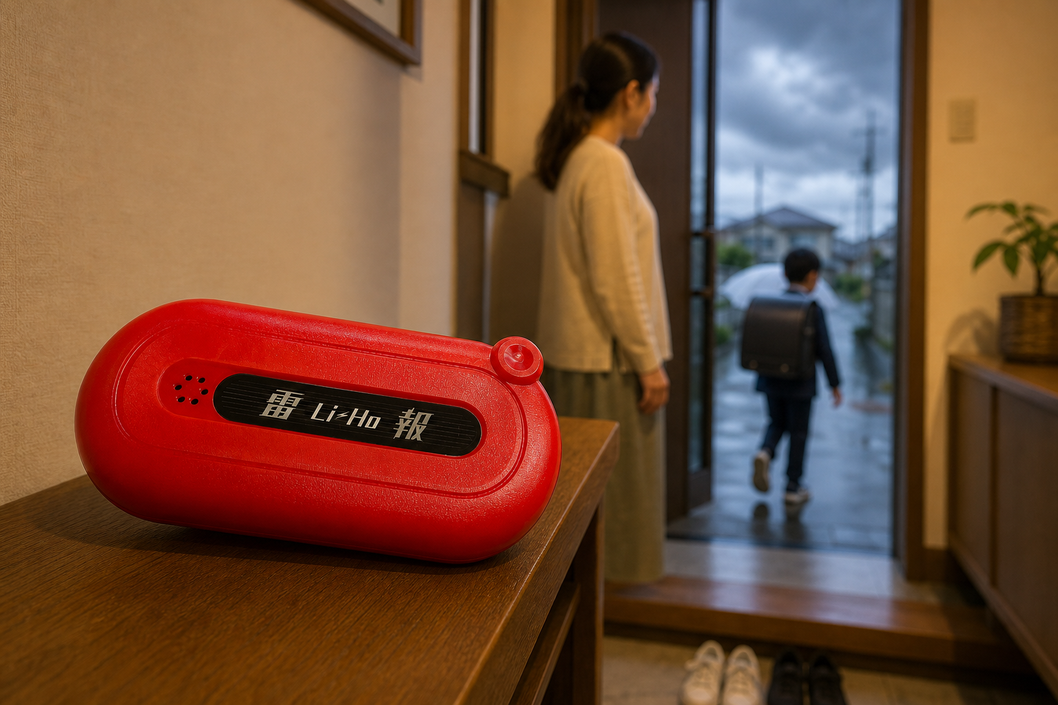 自宅の玄関で雷報を確認する保護者と、通学に出かける子ども