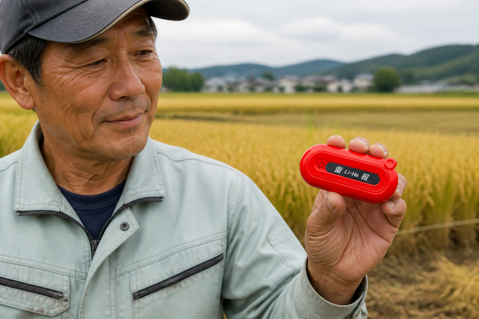 秋の田んぼで携帯型雷検知器「雷報」を手に持つ作業着姿の農業従事者