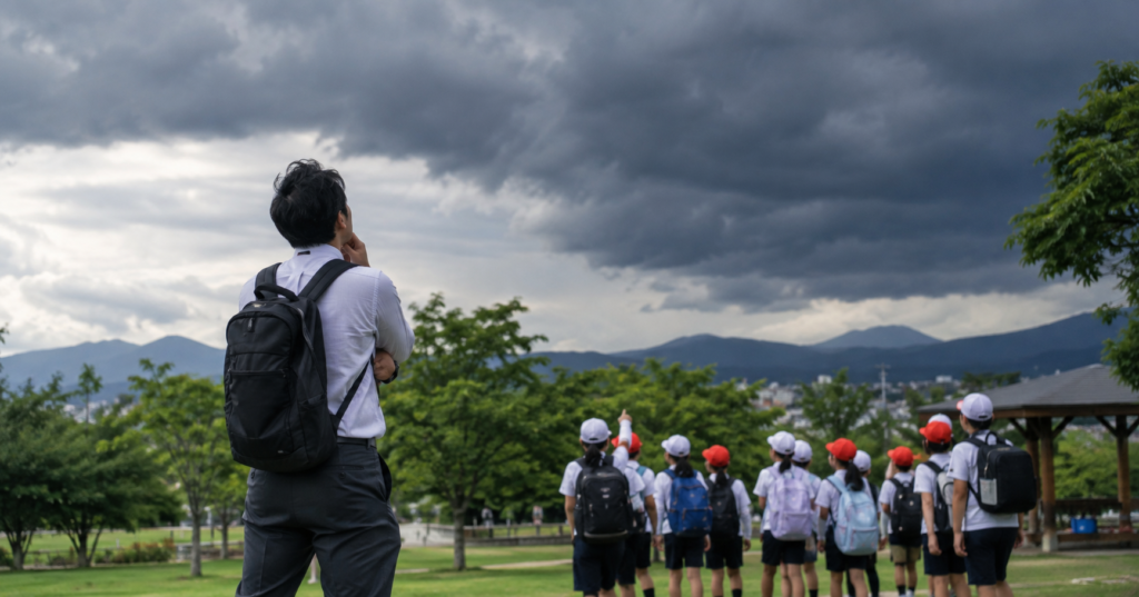嵐雲を見上げる遠足の一団