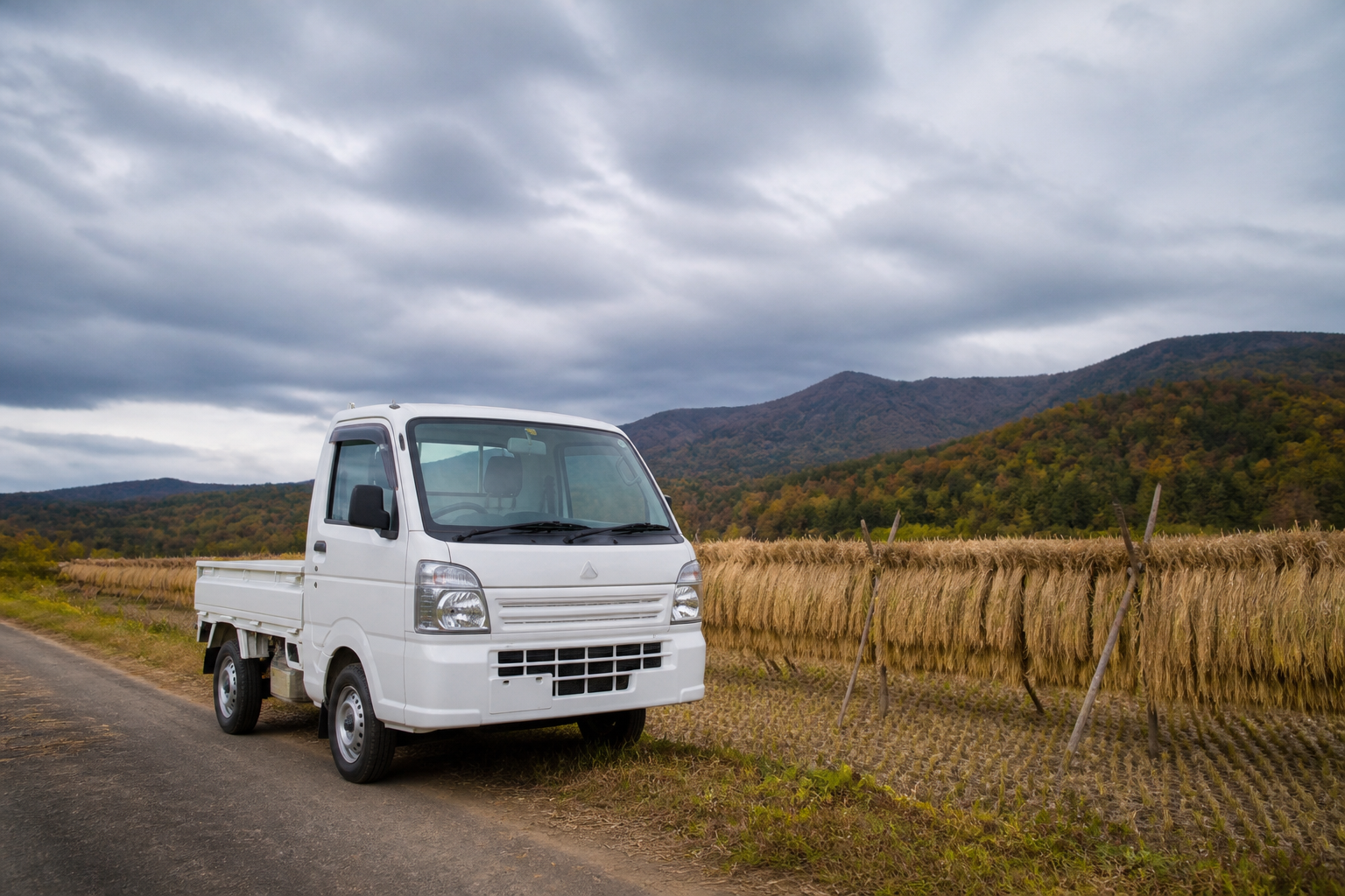 田んぼのそばの農道に止まっている白い軽トラック。遠くの空に雲が広がっている