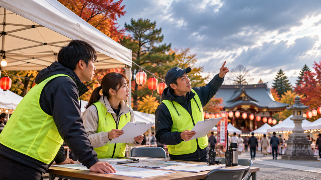 秋祭りの運営本部で、蛍光色のビブスを着た3人のスタッフが、机上の資料を確認しながら曇り空を見上げ、天候の変化について相談している様子。背景には提灯が並ぶ神社の境内が広がる。